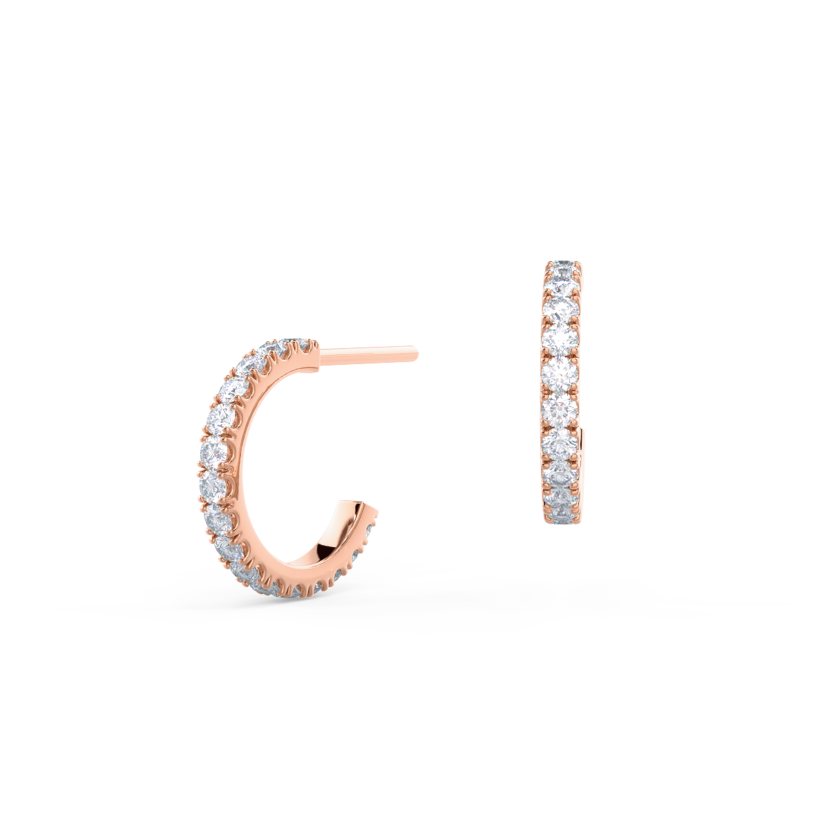 Rose gold hoop earrings with diamonds.