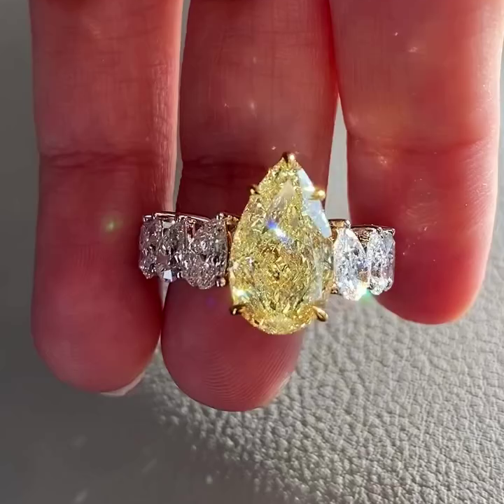 Pear Fancy Yellow 9.00tcw Lab Grown Diamond Pave Engagement Ring, VS Clarity - IGI Certified