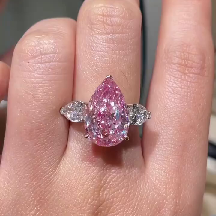 Fancy Pink 7.00tcw Lab Diamond Three-Stone Engagement Ring | Pear Shape | IGI Certified