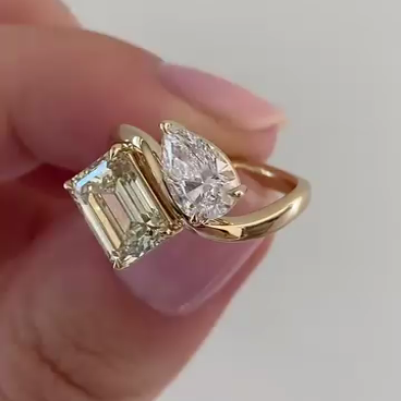 Emerald Fancy Yellow And Pear White 2.50tcw Lab Grown Diamond Two Stone Engagement Ring, VS Clarity