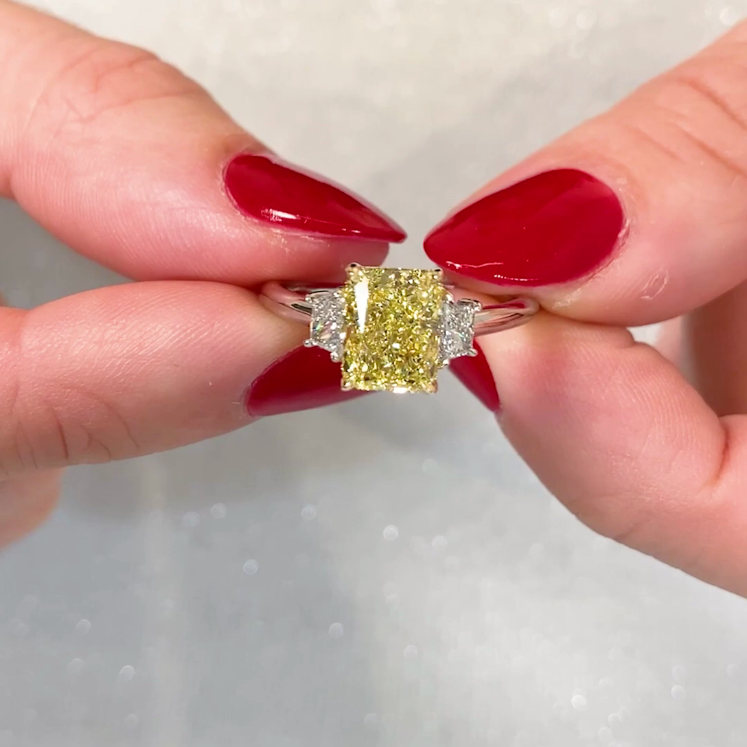 Custom order - Stone Upgradation | 3ct Radiant Cut | Fancy Yellow Diamond Ring With Trapezoid Side Stone | IGI certified | order Number #2042