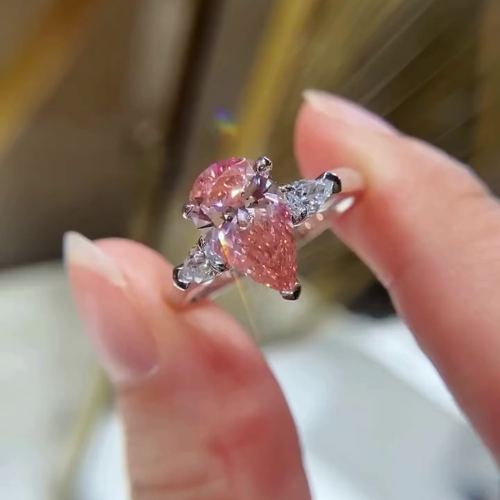 Pear Shape 1.20tcw Fancy Pink Lab Grown Diamond Engagement Ring | Three Stone Ring | 1.00ct Center | IGI Certificate