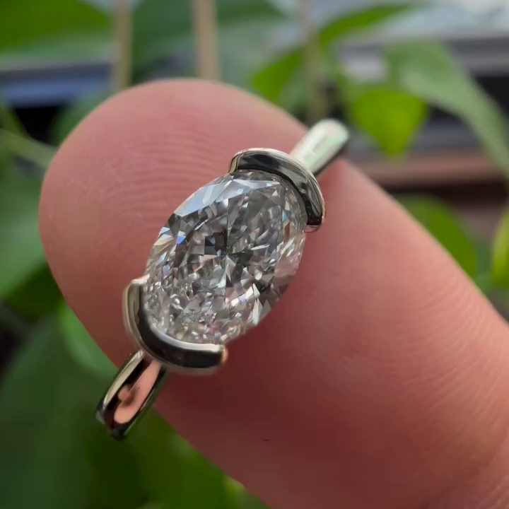 0.50tcw Oval Lab Grown Diamond Half Bezel Engagement Ring | IGI Certified | D-E-F Color | VVS–VS Clarity