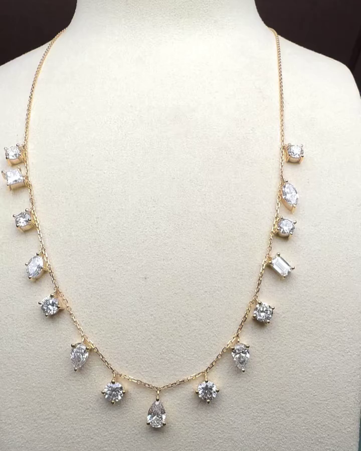 7.50tcw Lab Grown Diamond Dangle Necklace | Multi-Shape Round, Pear, Oval, Marquise, Emerald, Princess | Yellow Gold | IGI Certified