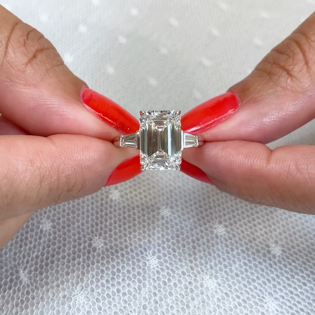 Emerald 4.70tcw Lab Grown Diamond Three Stone Cathedral Shank Engagement Ring, DEF Color, VVS-VS Clarity - IGI Certificate