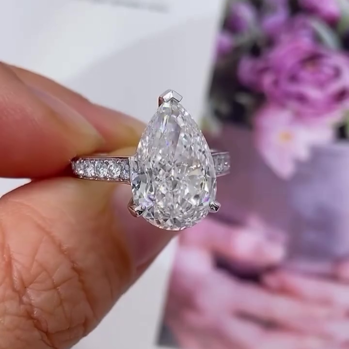 Pear 7.00tcw Lab Grown Diamond Channel Set Cathedral Engagement Ring, D-E-F Color, VVS-VS Clarity