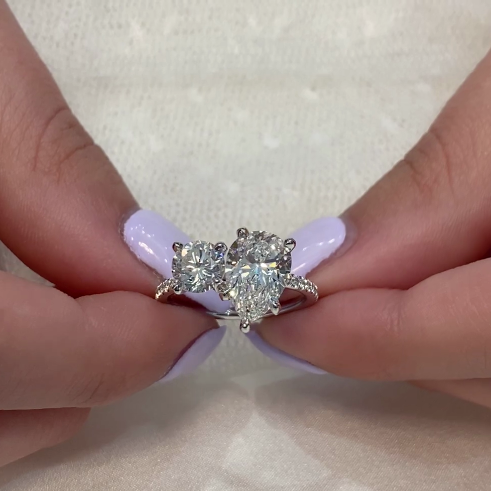Pear And Round 3.30tcw Lab Grown Diamond Toi Et Moi Pave Engagement Ring, D-E-F Color, VVS-VS Clarity - IGI Certified