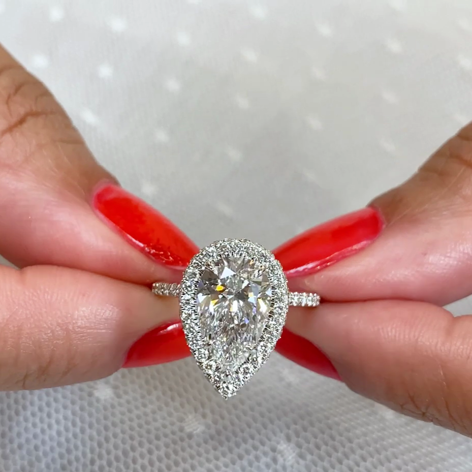 Pear 3.00tcw Lab Grown Diamond Halo Engagement Ring | IGI Certified | DEF VVS–VS Clarity
