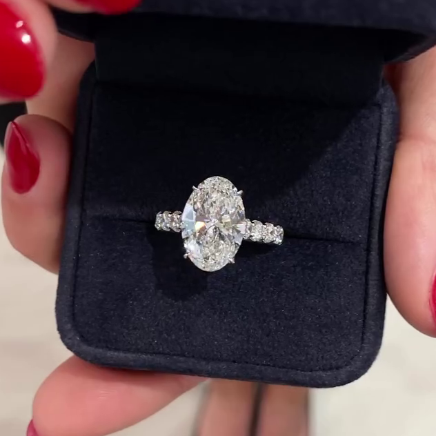 Oval 5.80tcw Lab Grown Diamond Scalloped Pave cathedral setting Engagement Ring, D-E-F color, VVS-VS Clarity