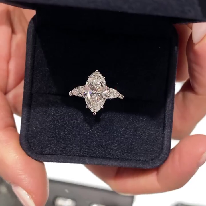 Marquise Three Stone 3.25tcw Lab Diamond Ring | Hidden Halo Style | IGI Certified