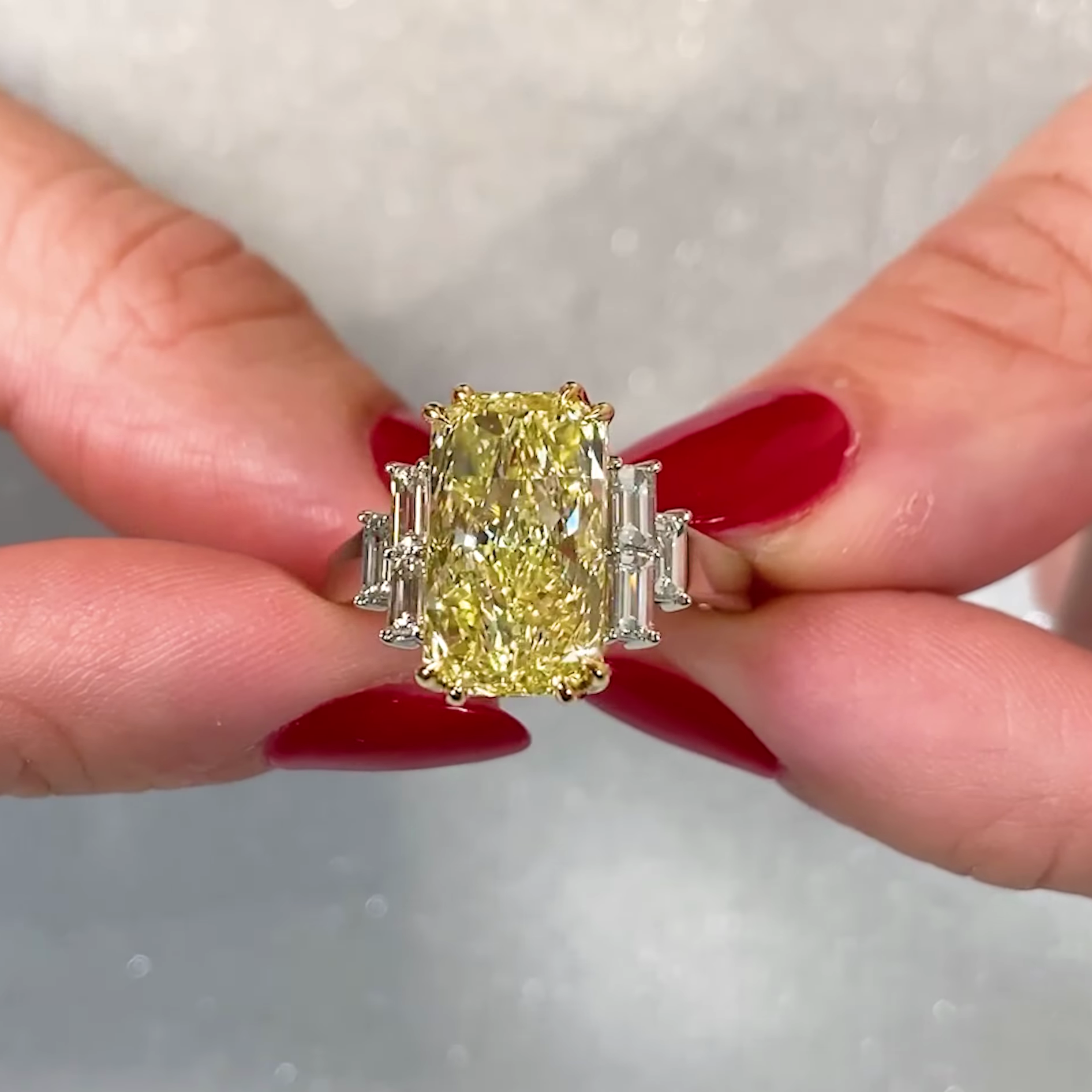 Elongated Radiant Fancy Yellow 6.00tcw Lab Grown Diamond Two Tone Side Stone Engagement Ring, VVS-VS Clarity - IGI Certified