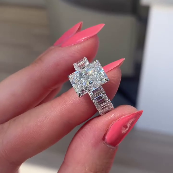 11.30tcw Radiant Lab-Grown Diamond Engagement Ring with Emerald Side Stones