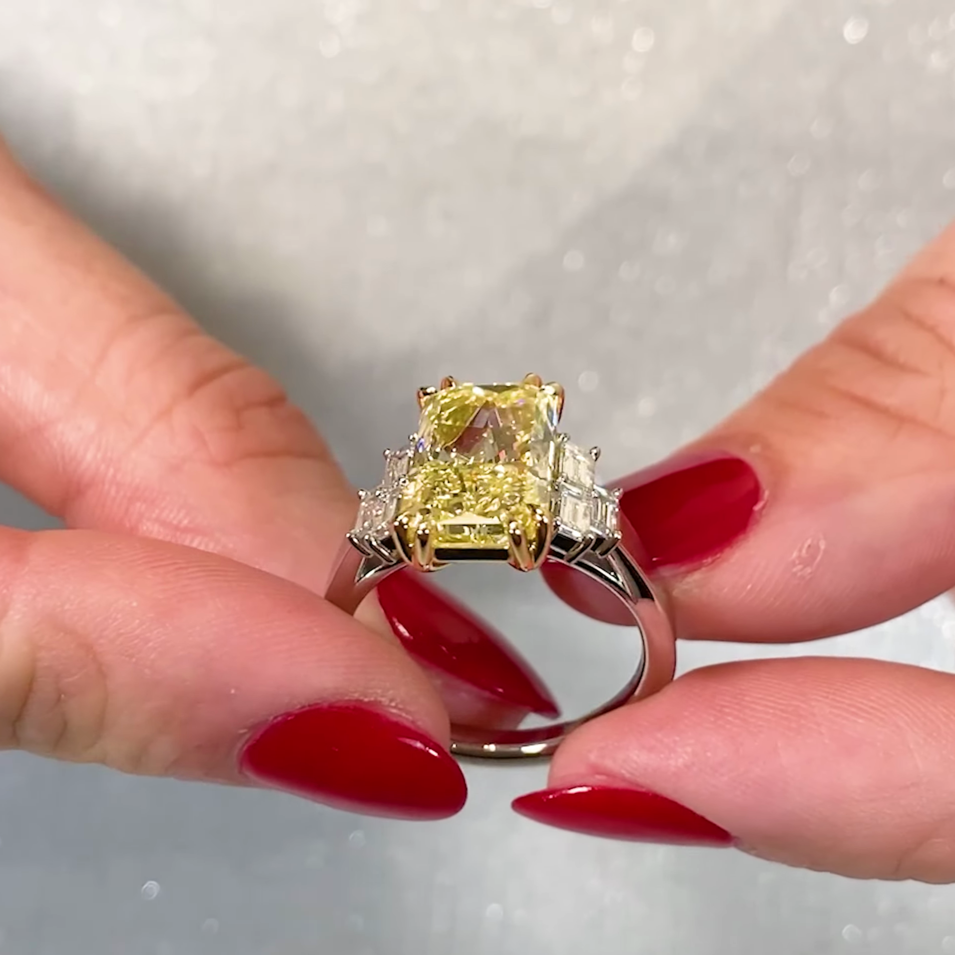 Elongated Radiant Fancy Yellow 6.00tcw Lab Grown Diamond Two Tone Side Stone Engagement Ring, VVS-VS Clarity - IGI Certified