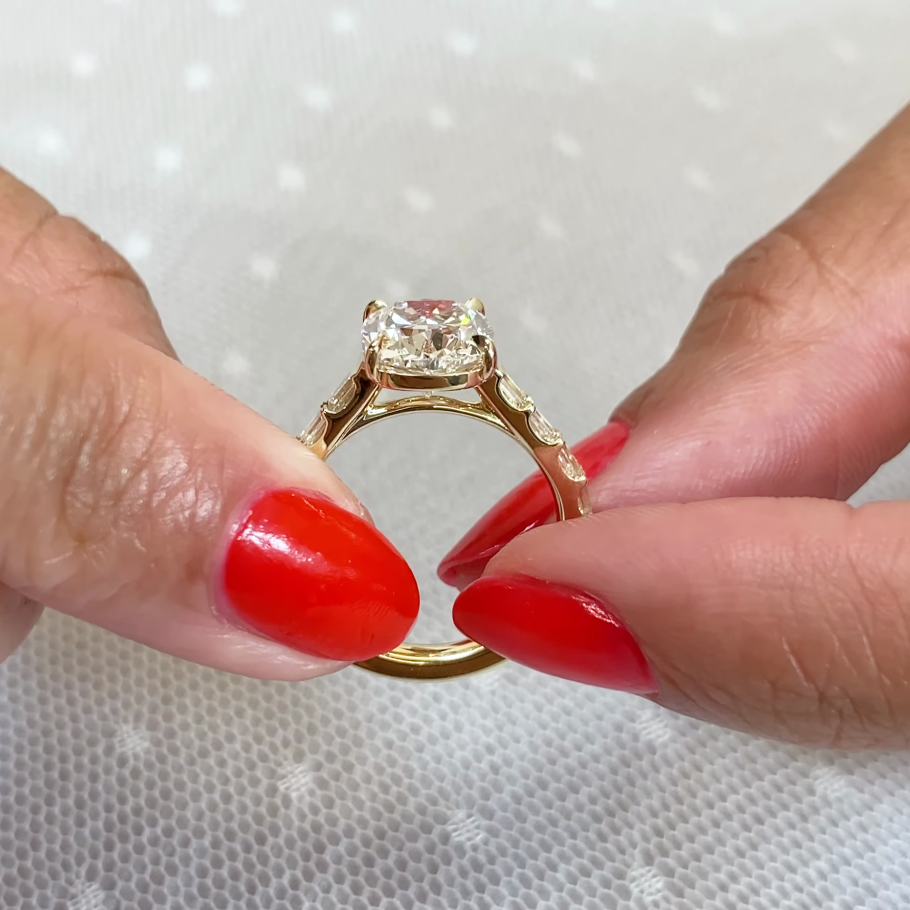 Cushion 3.60tcw Lab Diamond Baguette Pave Engagement Ring | IGI Certified | Yellow Gold