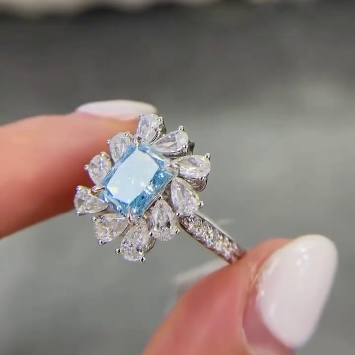 Fancy Blue Radiant 3.00tcw Lab Grown Diamond Cluster Engagement Ring | IGI Certified