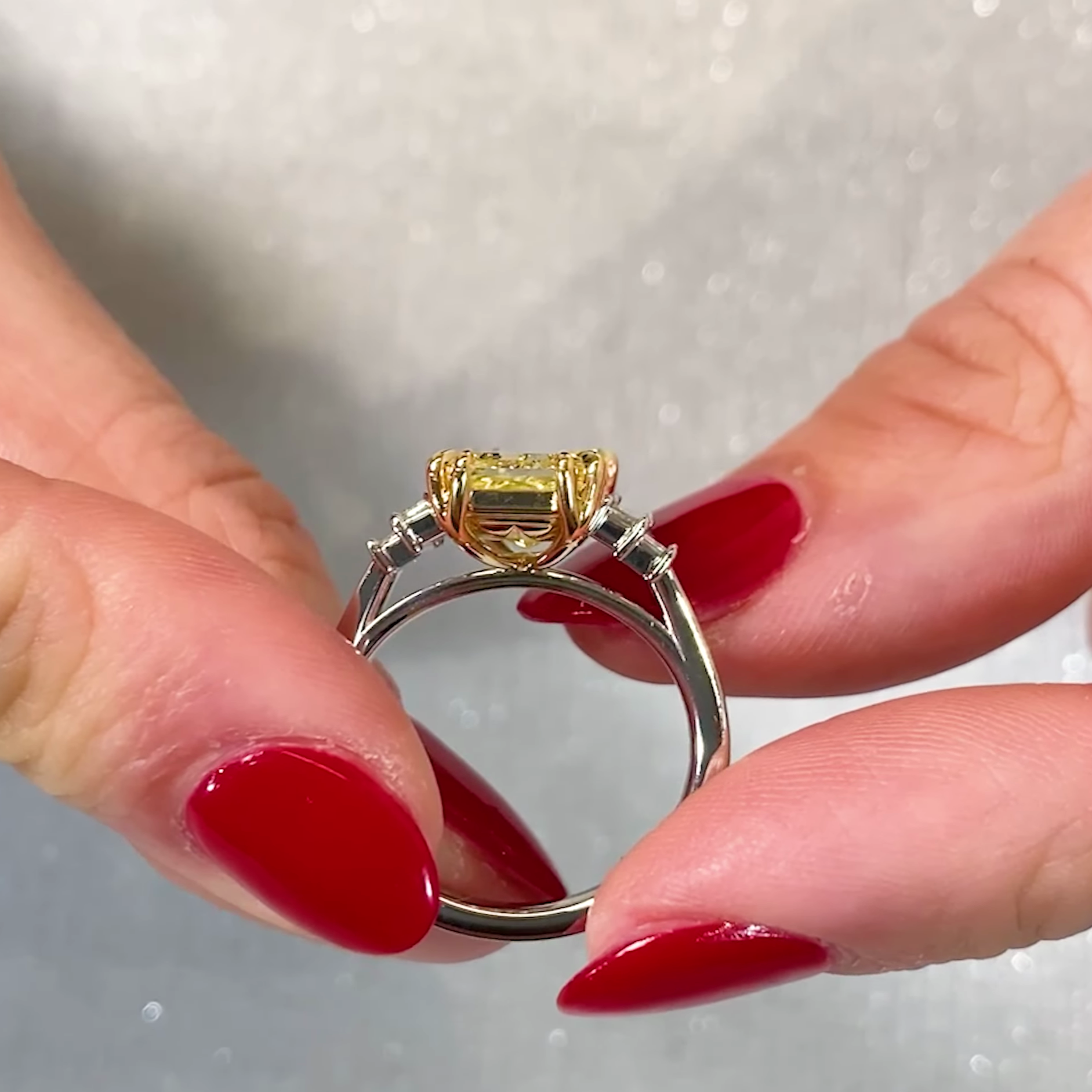 Elongated Radiant Fancy Yellow 6.00tcw Lab Grown Diamond Two Tone Side Stone Engagement Ring, VVS-VS Clarity - IGI Certified