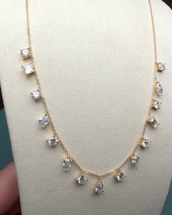 7.50tcw Lab Grown Diamond Dangle Necklace | Multi-Shape Round, Pear, Oval, Marquise, Emerald, Princess | Yellow Gold | IGI Certified