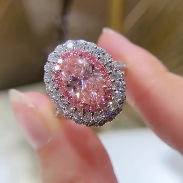 Oval Fancy Pink 3.15tcw Lab Diamond Halo Engagement Ring | Hidden Halo | IGI Certified
