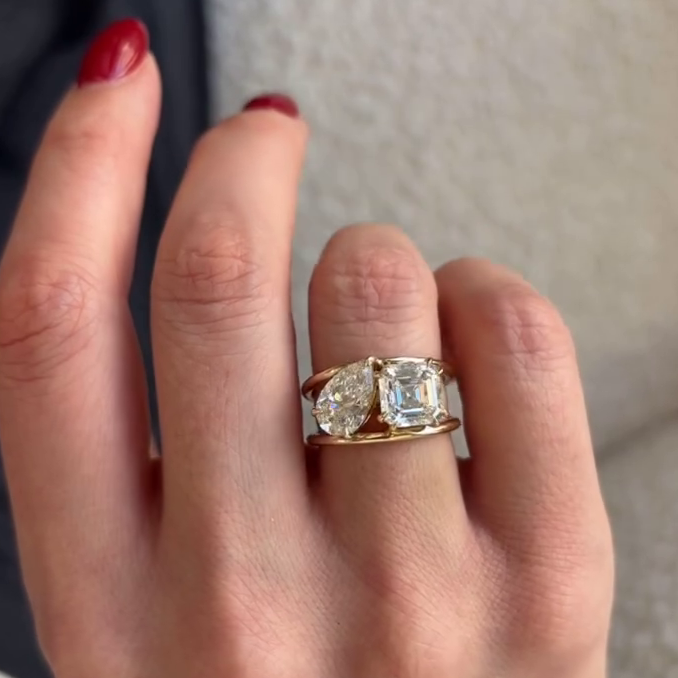 Pear & Asscher 3.00tcw Lab Diamond Ring | Toi et Moi | Wave Band | IGI Certified | D-E-F | VVS–VS