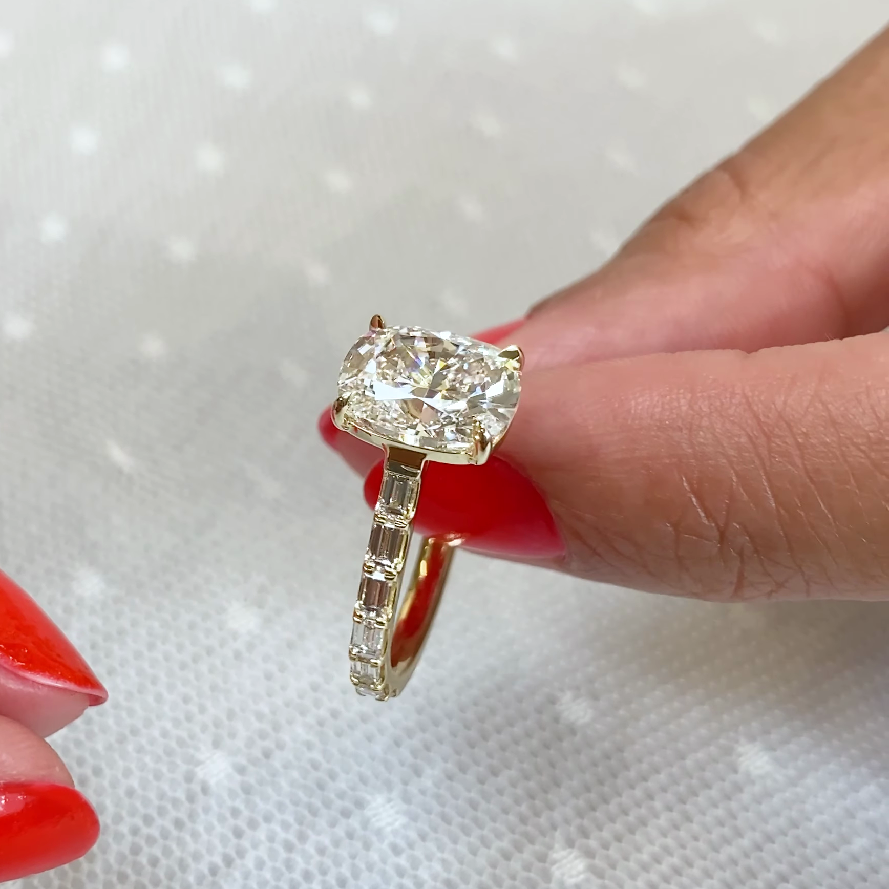 Cushion 3.60tcw Lab Diamond Baguette Pave Engagement Ring | IGI Certified | Yellow Gold