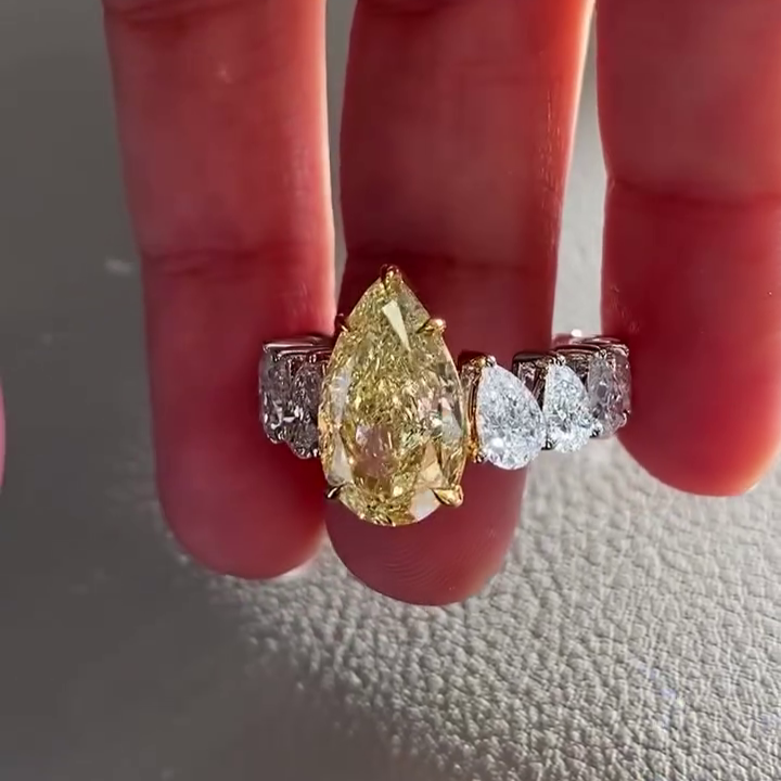 Pear Fancy Yellow 9.00tcw Lab Grown Diamond Pave Engagement Ring, VS Clarity - IGI Certified