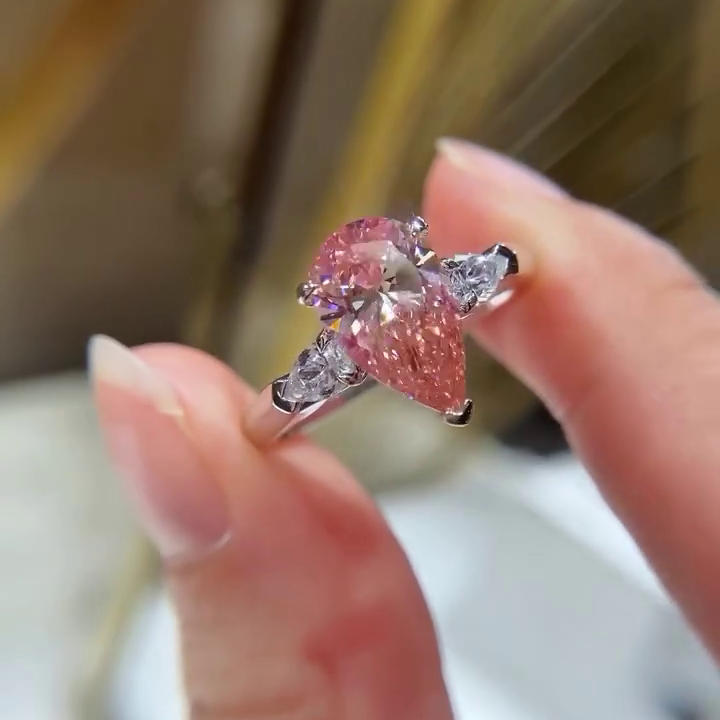 Pear Shape 1.20tcw Fancy Pink Lab Grown Diamond Engagement Ring | Three Stone Ring | 1.00ct Center | IGI Certificate