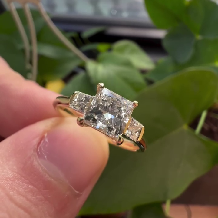 Princess 3.00tcw Lab Grown Diamond Three Stone Half Bezel Engagement Ring, D-E-F Color, VVS-VS Clarity