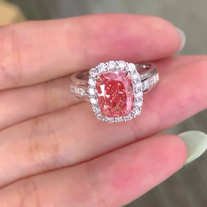Elongated Cushion Fancy Pink 5.50tcw Lab Grown Diamond Halo Channel Set Pave Engagement Ring, VVS-VS Clarity