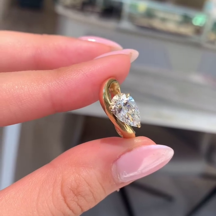 1.50tcw Pear Lab Grown Diamond Wave Band Engagement Ring | IGI Certified | Yellow Gold