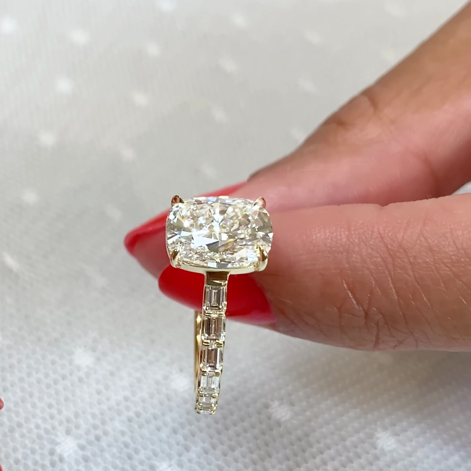 Cushion 3.60tcw Lab Diamond Baguette Pave Engagement Ring | IGI Certified | Yellow Gold