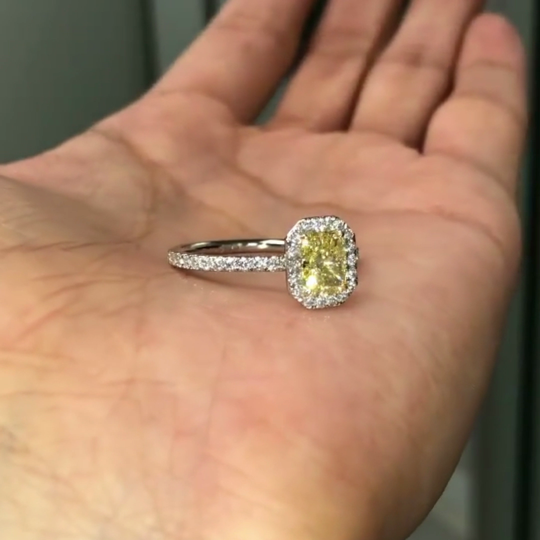 1.70tcw Yellow Radiant Lab Diamond Engagement Ring | Halo + Pavé Band | IGI Certified | White Gold Ring