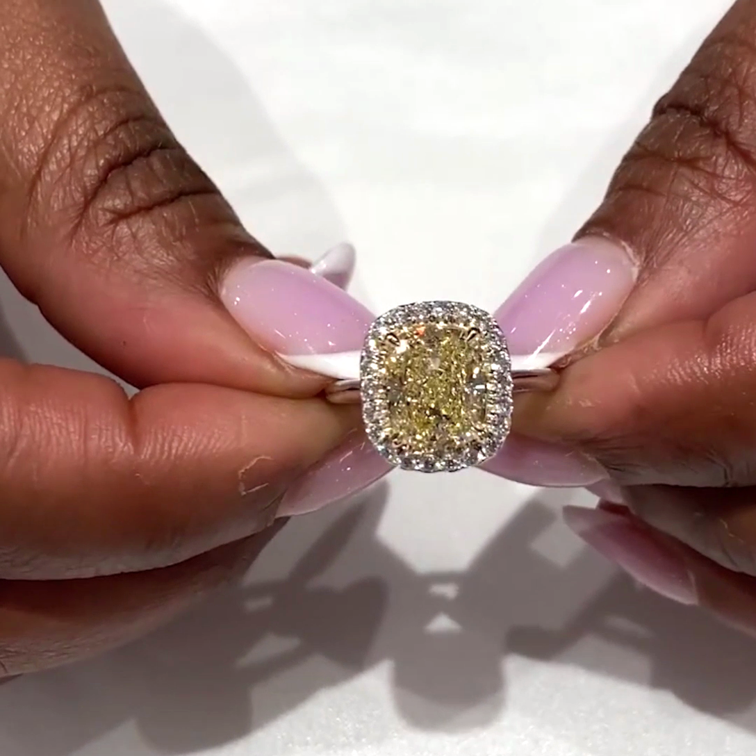 Cushion 3.30tcw Fancy Yellow Lab Diamond Halo Ring | IGI Certified | White Gold