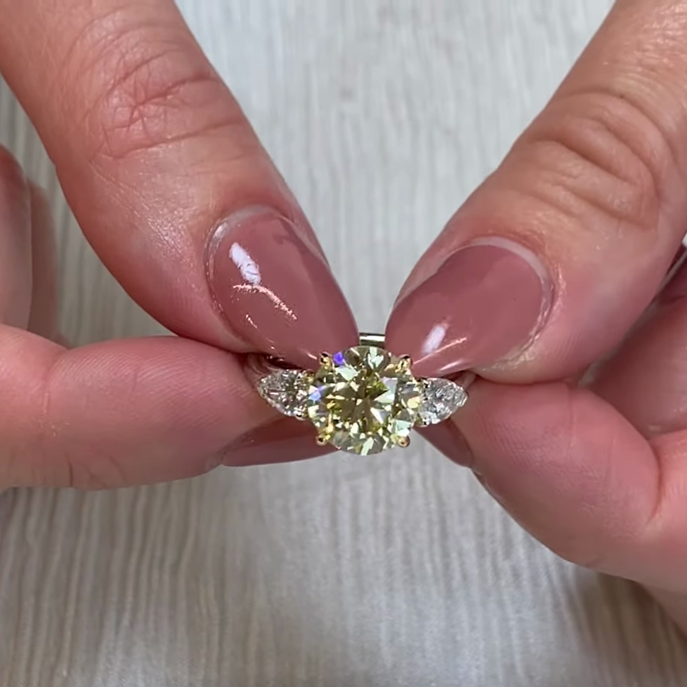 Round Fancy Yellow 3.50tcw Lab Diamond Two-Tone Three Stone Ring | IGI VS Clarity