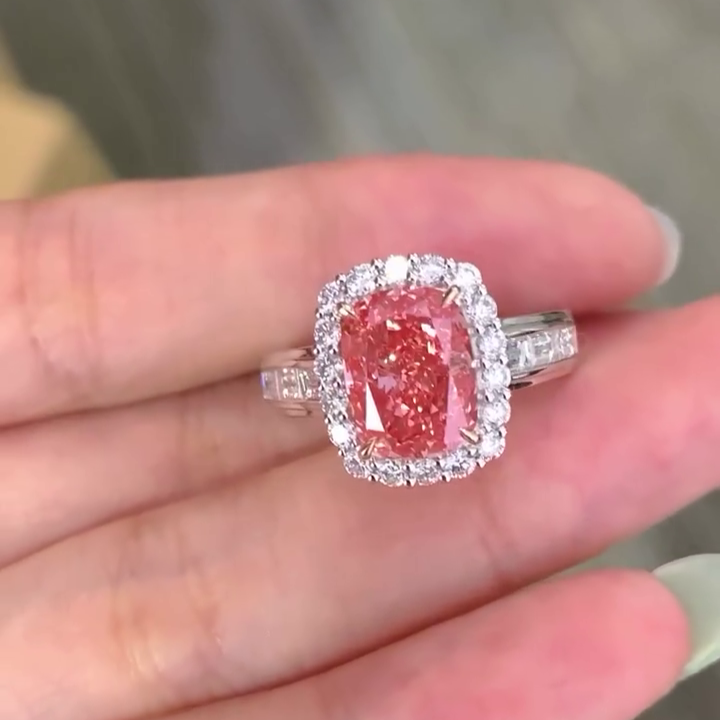 Elongated Cushion Fancy Pink 5.50tcw Lab Grown Diamond Halo Channel Set Pave Engagement Ring, VVS-VS Clarity