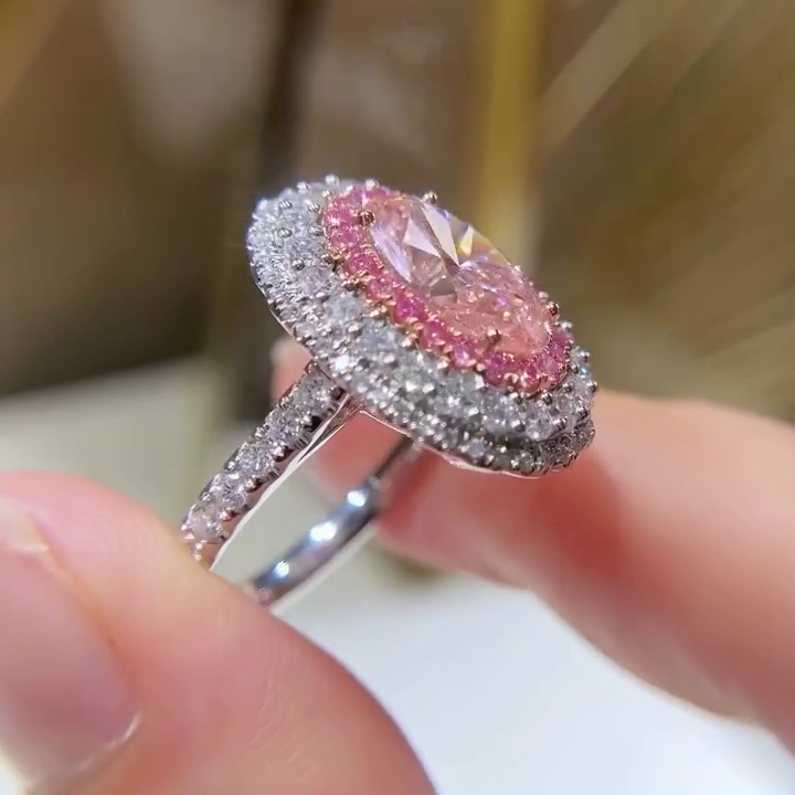 Oval Fancy Pink 3.15tcw Lab Diamond Halo Engagement Ring | Hidden Halo | IGI Certified