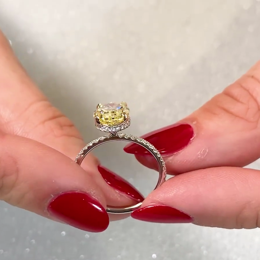 Oval fancy yellow 2.90tcw Lab Grown Diamond Pave Two tone Hidden Halo Engagement Ring, VVS-VS Clarity
