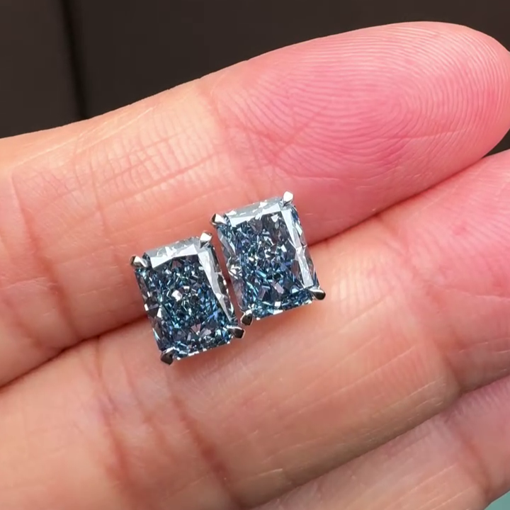 Radiant Fancy Blue 2.00tcw Lab Grown Diamond Stud Earrings | Basket Set in White Gold | VVS–VS Clarity | IGI Certified | Ethical Sparkle