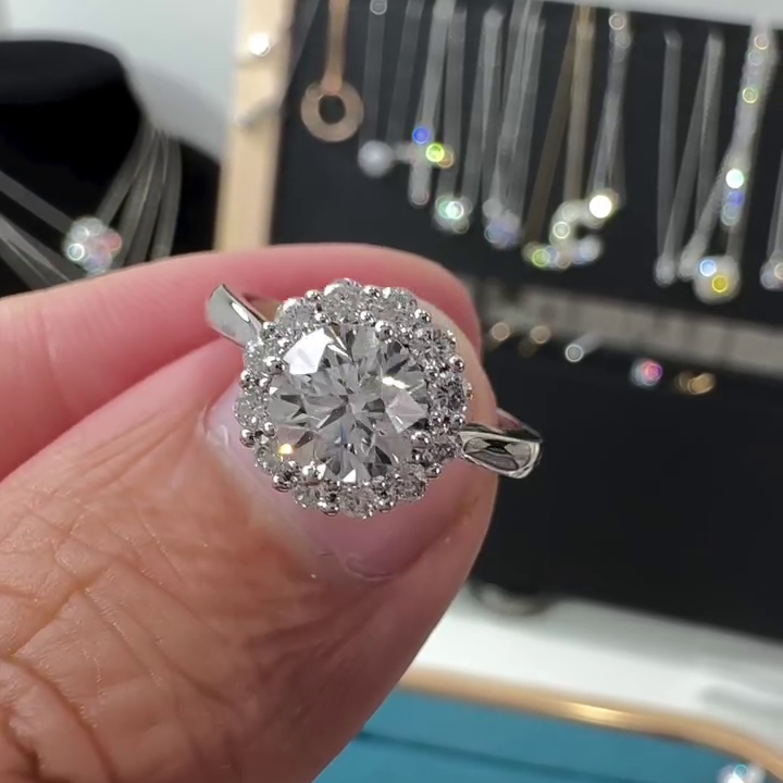 Round Lab Grown Diamond Ring with cathedral style and round halo