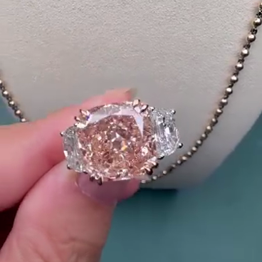 Fancy Pink 7.00tcw Lab Diamond 3-Stone Engagement Ring | 5ct Cushion Center + 2ct Side Stones | IGI Certified