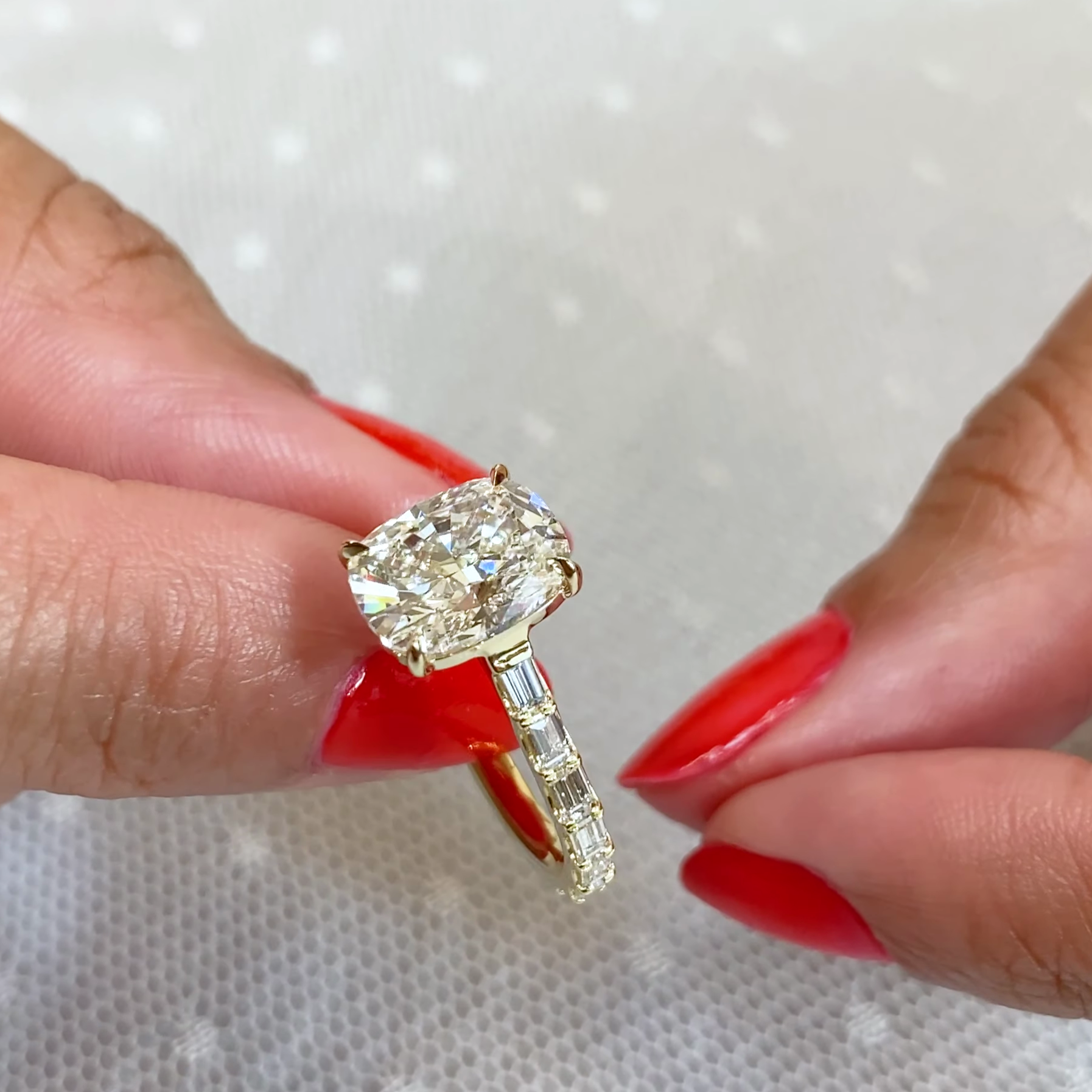 Cushion 3.60tcw Lab Grown Diamond Baguette Pave Engagement Ring, D-E-F Color, VVS-VS Clarity - IGI Certified
