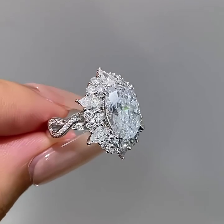 Oval 6.00tcw Lab Grown Diamond Halo Twisted Band Engagement Ring, D-E-F Color, VVS-VS Clarity