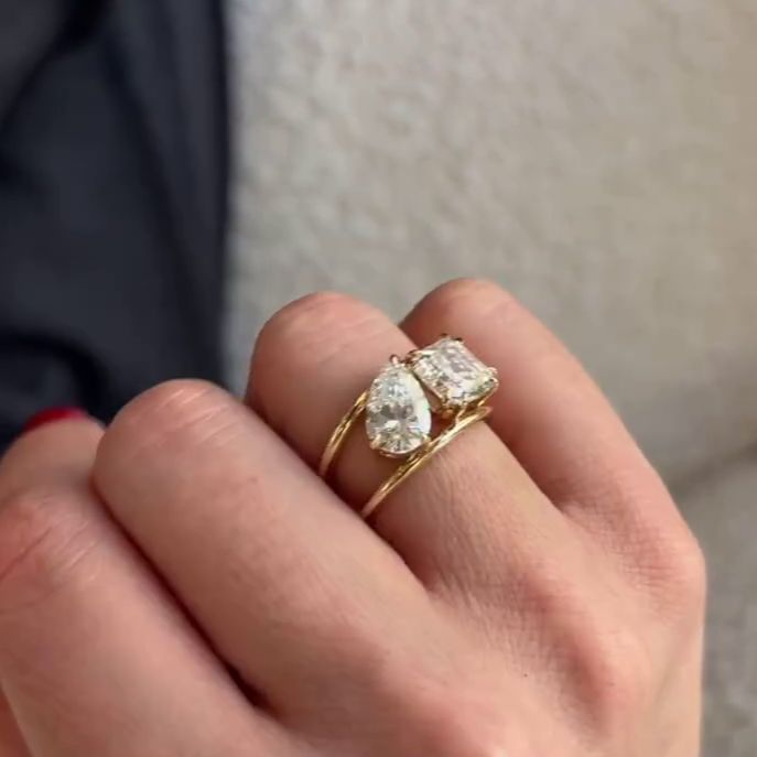 Pear & Asscher 3.00tcw Lab Diamond Ring | Toi et Moi | Wave Band | IGI Certified | D-E-F | VVS–VS