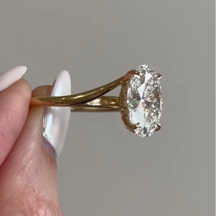 Oval 4.70tcw Lab Grown Diamond Engagement Ring | Bypass Band with Hidden Halo | IGI Certified