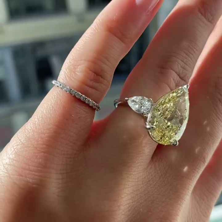 Pear Fancy Yellow 8.80tcw Lab Grown Diamond Three Stone Engagement Ring, EF Color, VS Clarity