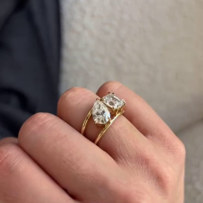 Pear & Asscher 3.00tcw Lab Diamond Ring | Toi et Moi | Wave Band | IGI Certified | D-E-F | VVS–VS