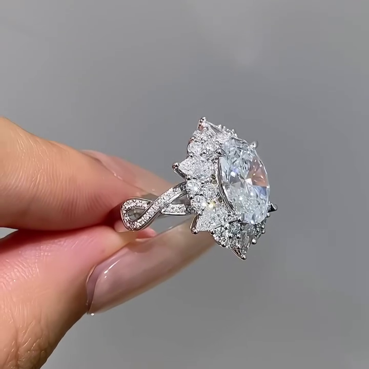Oval 6.00tcw Lab Diamond Halo Twisted Band Ring | IGI Certified