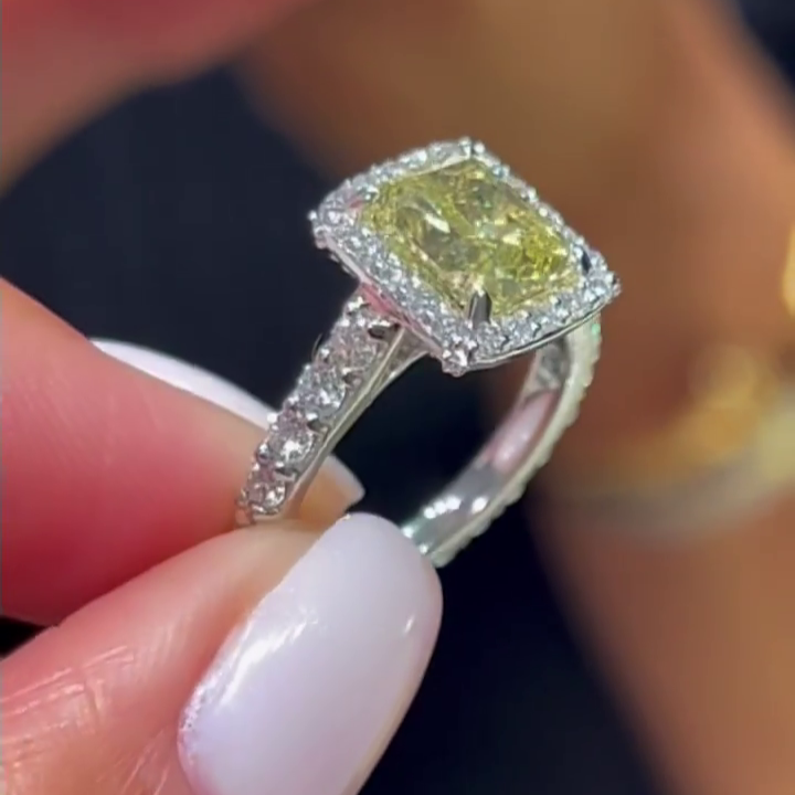 3.40tcw Cushion Cut Yellow Diamond Engagement Ring | Halo with Side Diamonds
