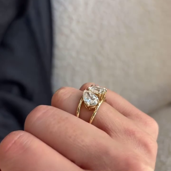 Pear & Asscher 3.00tcw Lab Diamond Ring | Toi et Moi | Wave Band | IGI Certified | D-E-F | VVS–VS
