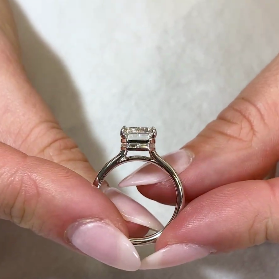 3.10tcw Emerald Lab Diamond Engagement Ring | Hidden Halo | Baguette Accents | IGI Certified