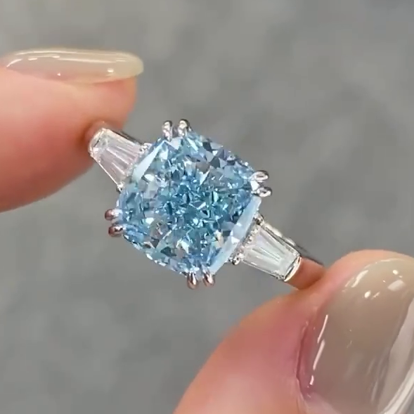 Fancy Blue Cushion Cut 3.50tcw Lab Grown Diamond Engagement Ring | Three Stone Design | IGI Certified | 10k 14k 18k Platinum Gold